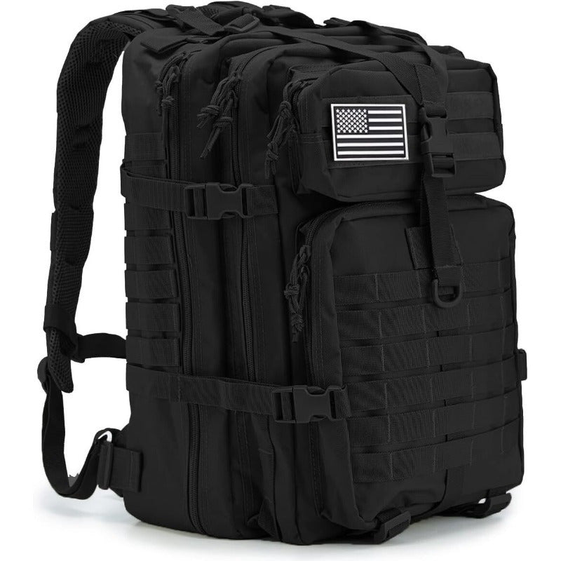Men's Large Tactical Backpack – 45L MOLLE System 3-Day Rucksack for Hiking Fishing Hunting Travel & Mountaineering in Khaki Red & Black (Flag Badge Included)