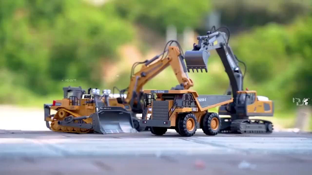 Remote Control Excavator Toy Set with Metal Shovel, LED Lights, 1200mAh Battery, RC Construction Truck, Bulldozer, Dump Truck, and Loader Combo for Boys Ages 6 and Up, Birthday or Christmas Gift