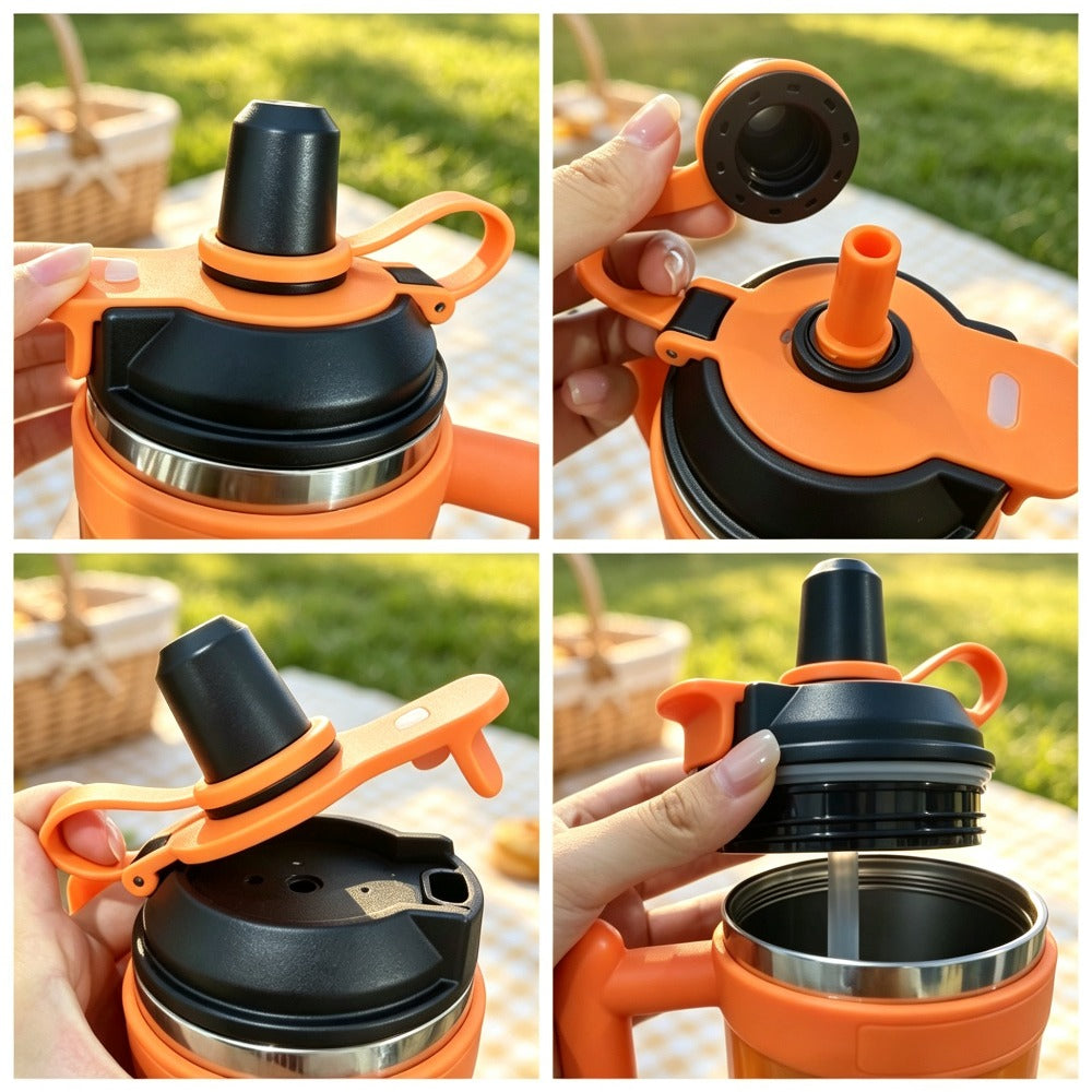 Large Capacity Insulated Tumbler - 316 Stainless Steel Inner Liner, Leak-Proof Lid & Straw, Printed Design for All-Day Hot & Cold Retention, Car, Camping, Fitness & Home - Orange & Black