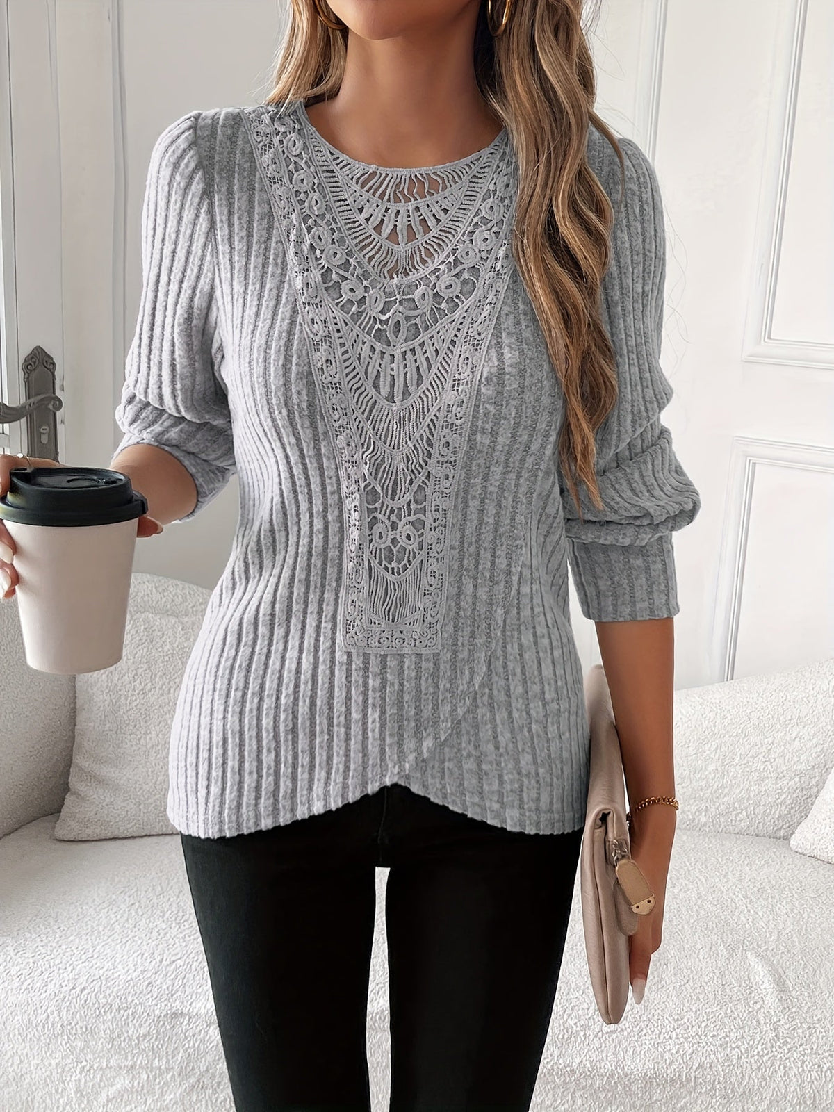 Women's Long Sleeve Lace Trim T-Shirt Round Neck Elegant Casual Top Soft Lightweight Blouse Pink Grey Blue S-XXL US Warehouse