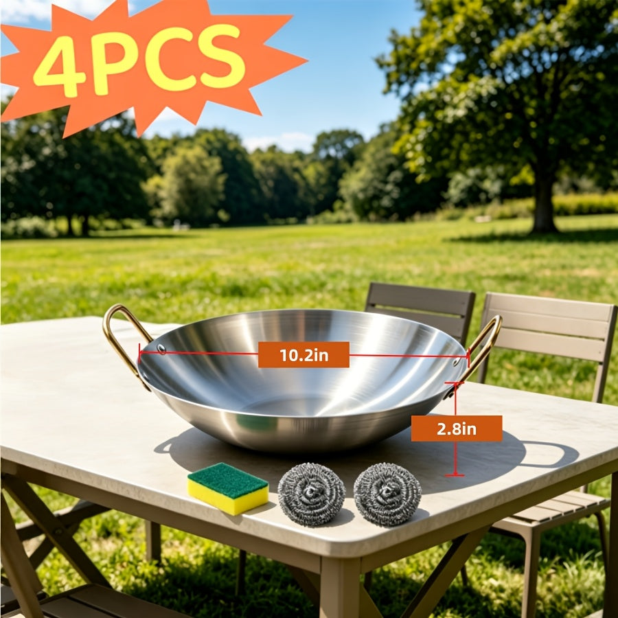 Stainless Steel Non-Stick Frying Pan 201 Heavy Duty - Camping Open Fire Cookware for Home Kitchen Restaurant Stir-Fry Boil, 3 Sizes