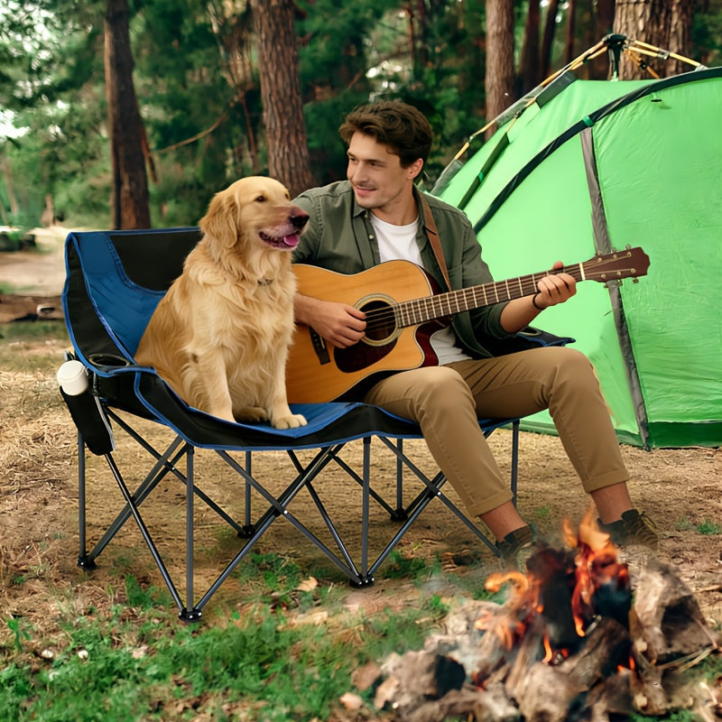 2-Person Oversized Camping Chair – Heavy-Duty Padded Outdoor Loveseat with Cup Holders Armrests & Carry Bag Portable Collapsible for Beach Picnic Backyard BBQ & Camping in Blue Beige Orange & Grey