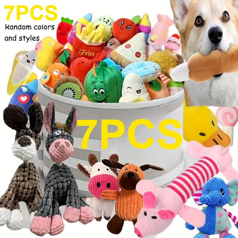 卡通毛绒狗狗玩具套装 – 4/7/14件套，适合各品种及大小犬只的柔软发声耐咬玩具，耐用填充啃咬玩具组合，小型犬的理想礼物 – 随机款式