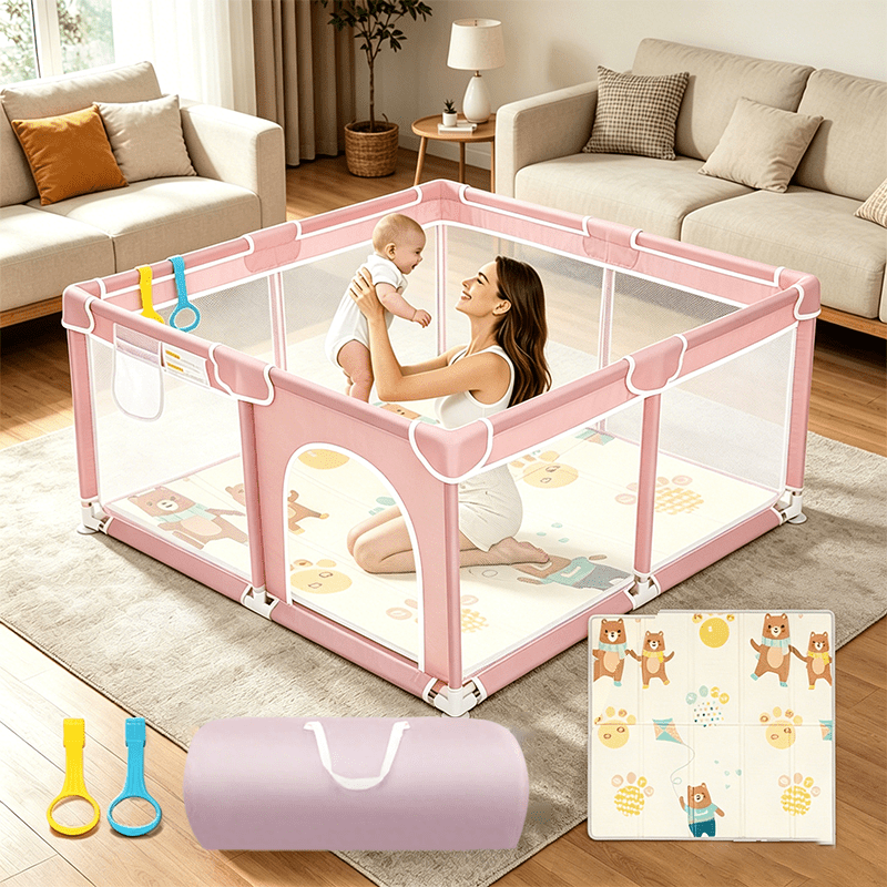 Extra Large Baby Playpen Indoor & Outdoor Kids Activity Center Breathable Mesh Anti-Slip Skin-Friendly Toddler Play Yard – Black & Pink
