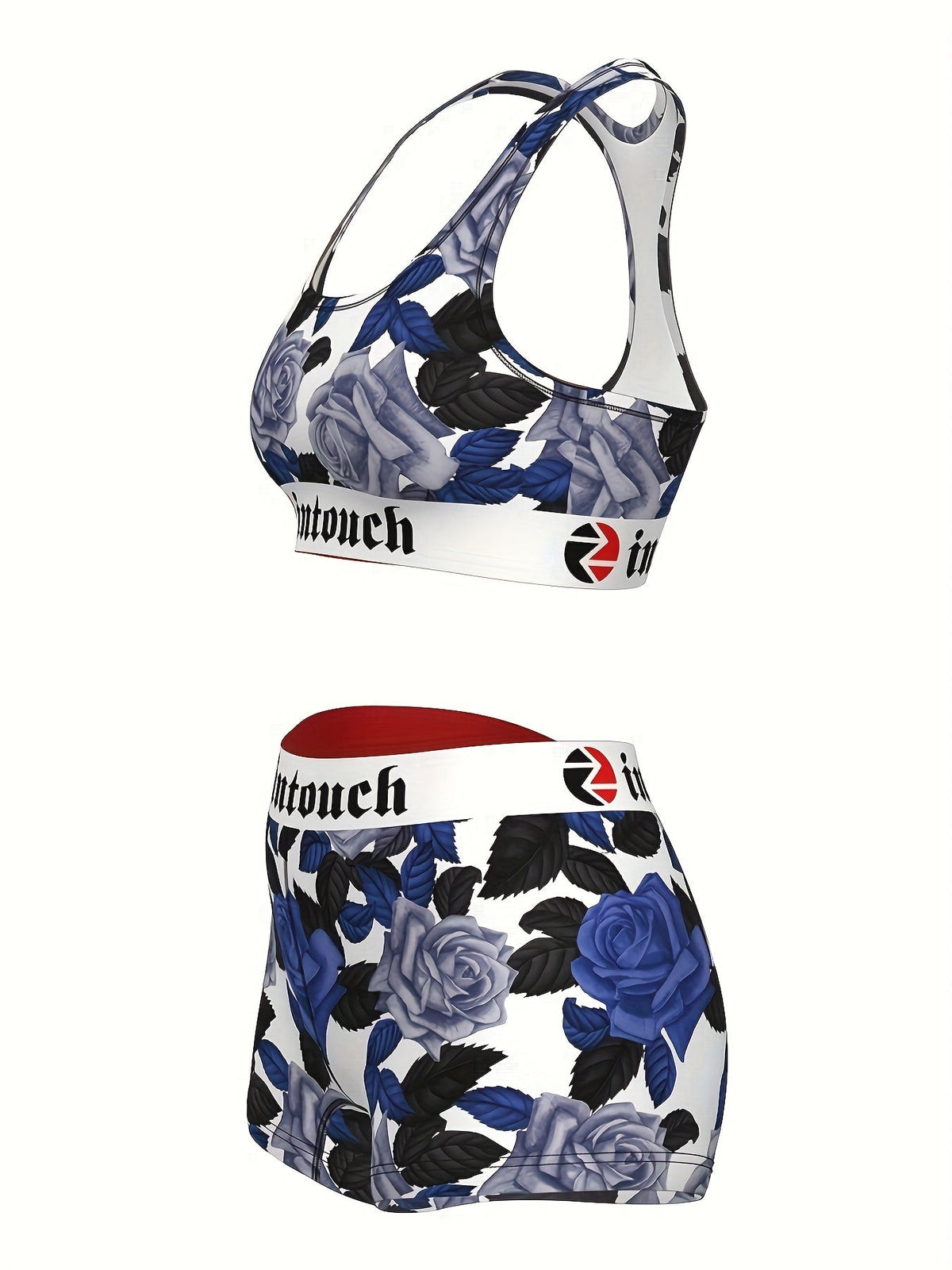 Women's Blue Rose Floral Print Sports Bra & Shorts 2-Piece Set – Stretchy Activewear for Gym, Yoga, Running, and Fitness; Matching Loungewear for Teens; Summer Festival Vintage Style