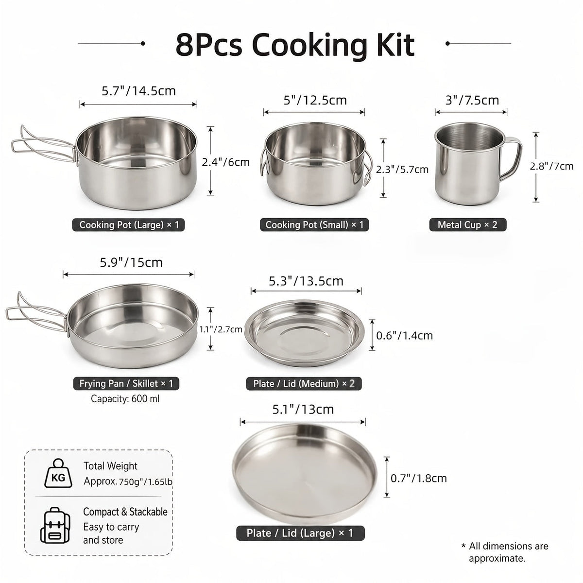 Camping Cookware Mess Kit 8/9/14/15 Piece, Portable Non-Stick Aluminum Alloy Camp Cook Set with Kettle, Pot, Frying Pan, Plates, and Utensils, Lightweight Backpacking Outdoor Cooking Gear for Hiking & Travel