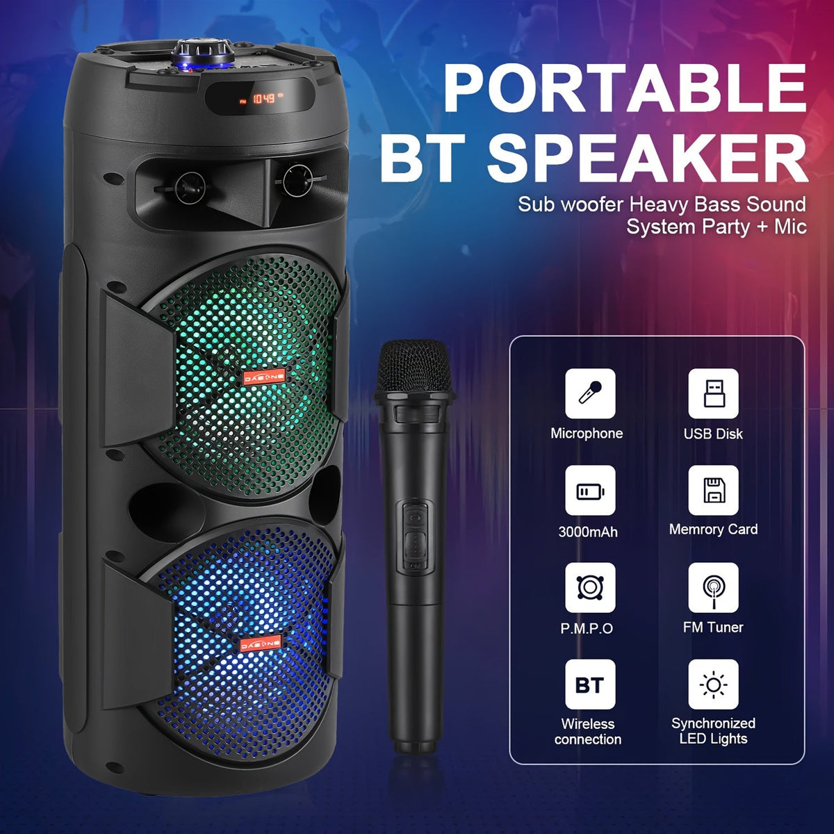 Portable Bluetooth PA Speaker with Dual 8" Woofers, Karaoke System with Wired Microphone & Remote Control, Rechargeable Battery, MP3/USB/SD/AUX/FM, LED Battery Indicator, Heavy Bass Sound