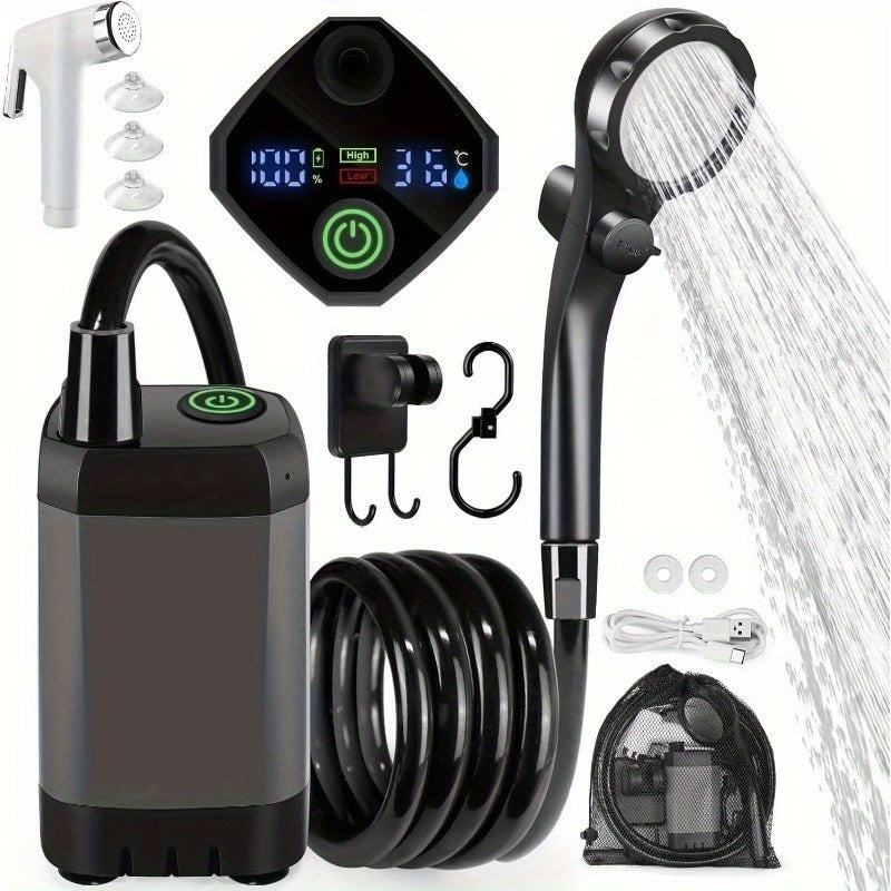 Portable Camping Shower 6000mAh Rechargeable - LED Display, Multiple Modes, IPX7 Waterproof, 120-Min Runtime, 3-in-1 Hook for Hiking, Pet Washing, Car Washing & Beach - Gray & Black