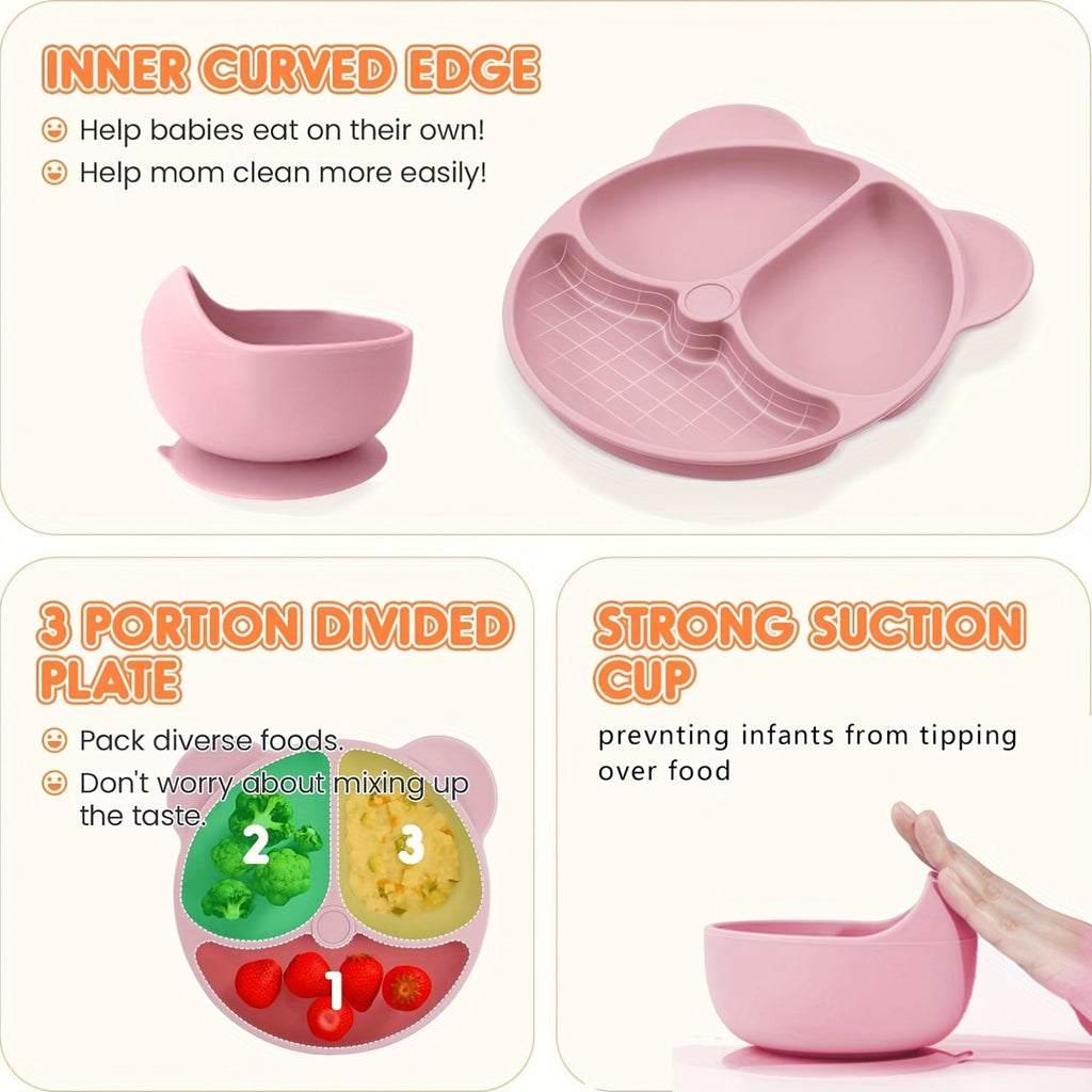 10-Piece BPA-Free Silicone Baby-Led Weaning Feeding Set, Baby & Toddler Self-Feeding Tableware with Suction Divider Plate, Spoon, Fork, Straw Cup & Bib, Green, Blue, Pink & Beige