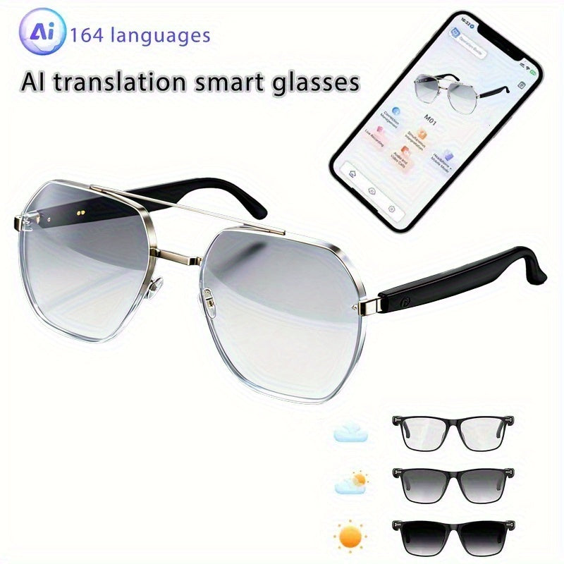 AI Smart Glasses with 8MP HD Camera, Touch Control, ChatGPT Real-Time Translation, Wireless Calling, Blue Light Protection, Dual-Mic Noise Reduction, and Photochromic Lens for Cycling, Driving, Travel, and Office Use
