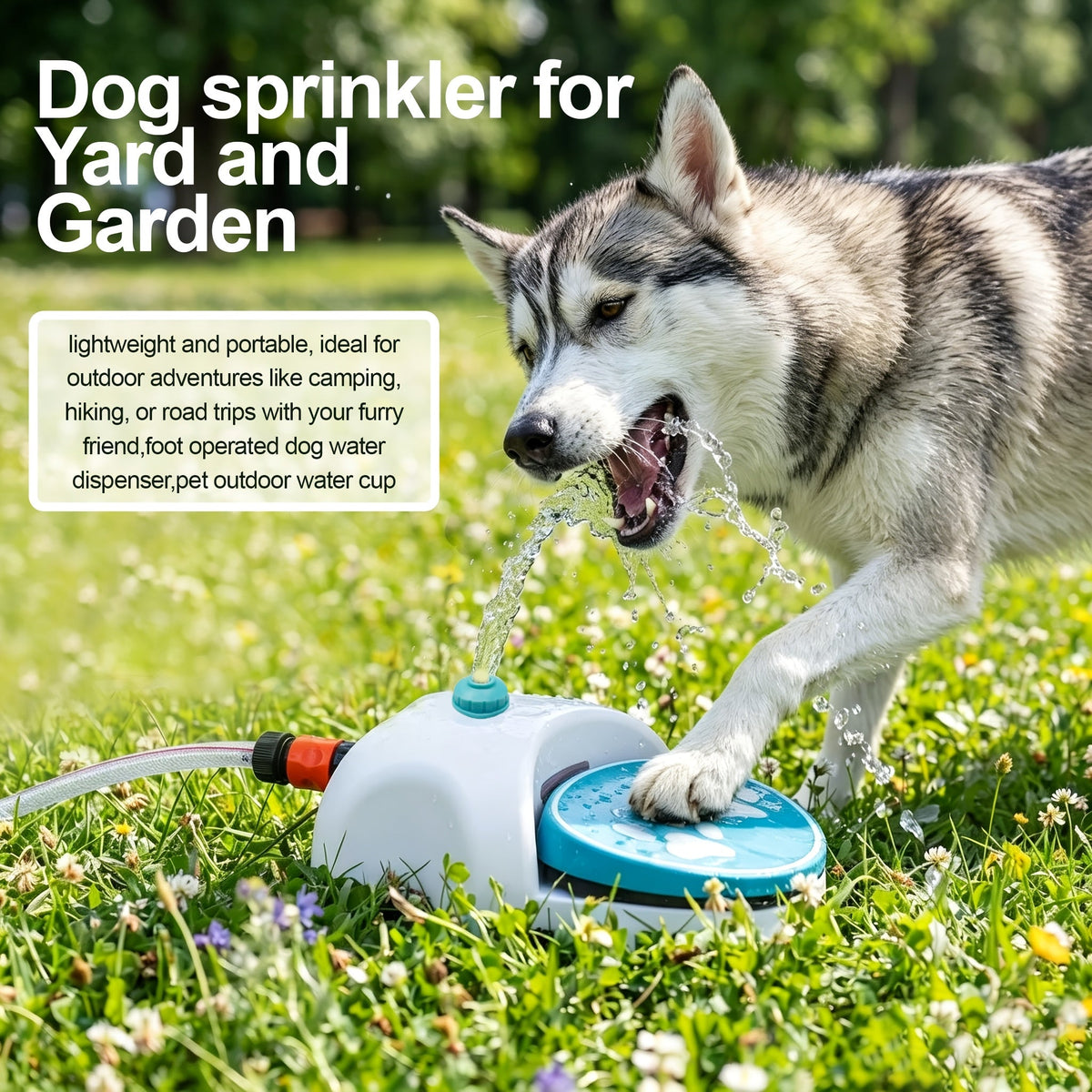 Dog Water Sprinkler Foot Treadle Drinking Fountain - Dog-Operated Fresh Water Dispenser with Hose & Connector - Portable Outdoor Dog Water Fountain for Camping, Hiking, and Backyard - Fun Dog Hydration Toy