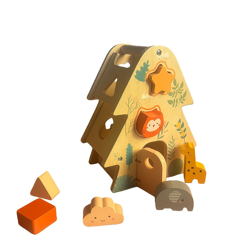 Wooden Big Tree Wisdom House Shape Matching Puzzle Toy, Creativity & Spatial Perception Development, Hand-Eye Coordination & Fine Motor Training for Babies & Toddlers, Holiday Gift