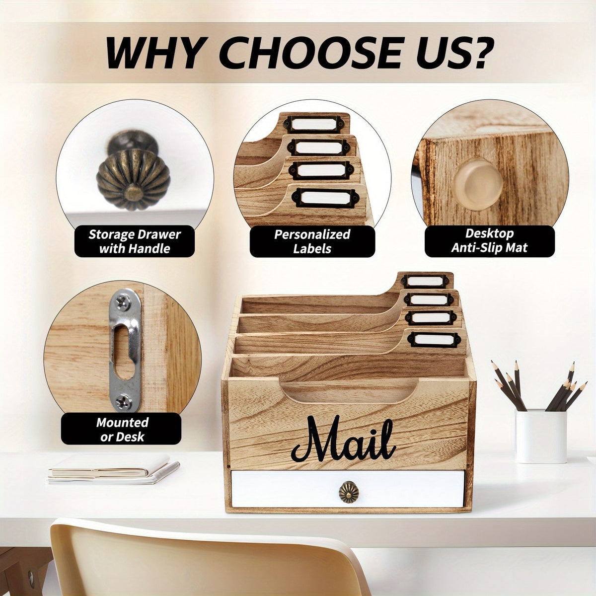 Large Solid Wood Desktop Mail Organizer with Drawer and 4 Compartments, Labelable Dividers for Files, Letters, and Paper Folders, Desk Organizer for Home Office, Students, and Professionals