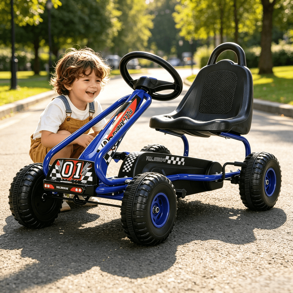 Pedal Go Kart for Kids Ages 3-6, 4-Wheel Pedal Powered Ride On Car with Adjustable Seat, Handbrake, Non-Slip Wheels, Outdoor Racing Go Kart for Boys and Girls - Blue, Green, Red, Pink