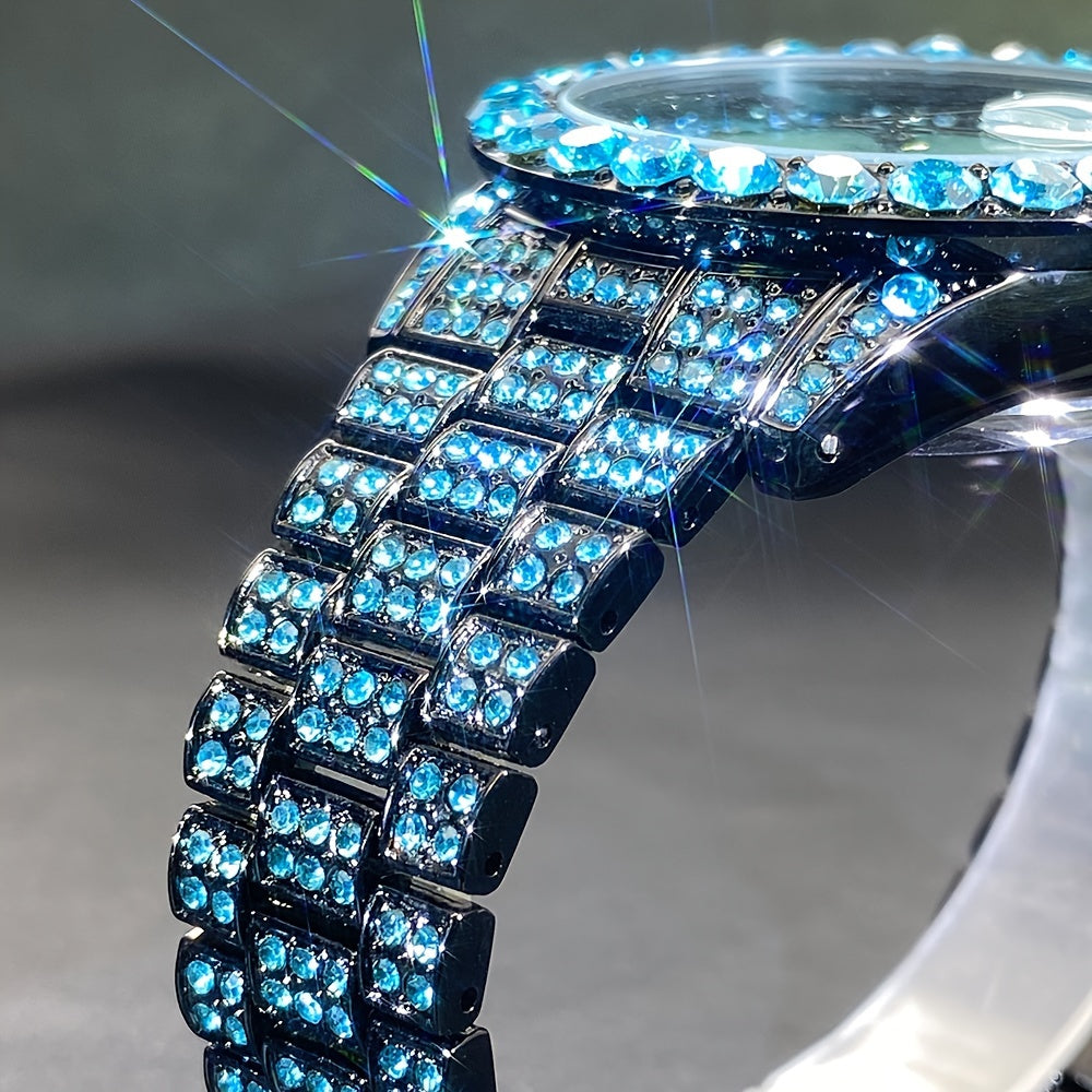 Rhinestone Couple's Watch Set, Luxury Quartz Movement with Calendar and Luminous Display, Red and Ice Blue Rhinestone Fashion Party Gift Watches for Men and Women