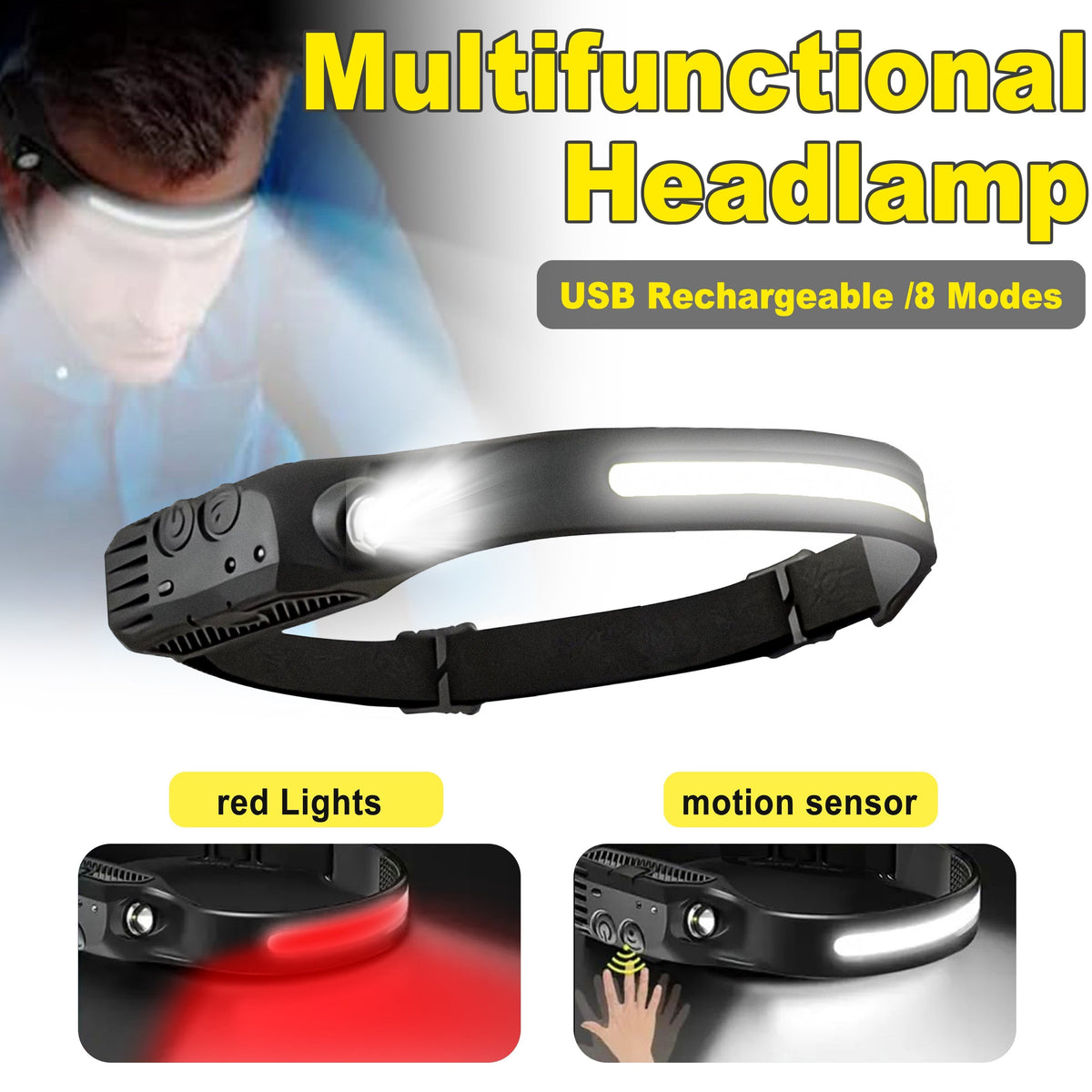 4-Pack USB Rechargeable LED Headlamp, Ultra-Bright Hands-Free with Adjustable Headband, Built-in 1200mAh Lithium Battery, Multi-Mode Emergency Work Light for Camping, Hiking, Running, Fishing, and Repairing