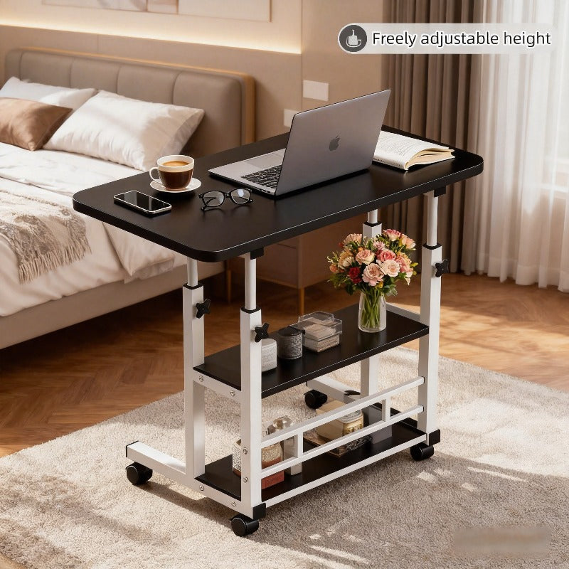 Rolling Bedside Desk, Height Adjustable 23-35 Inches, with Storage Shelf and Omnidirectional Wheels, for Home, Bedroom, Office Laptop Table