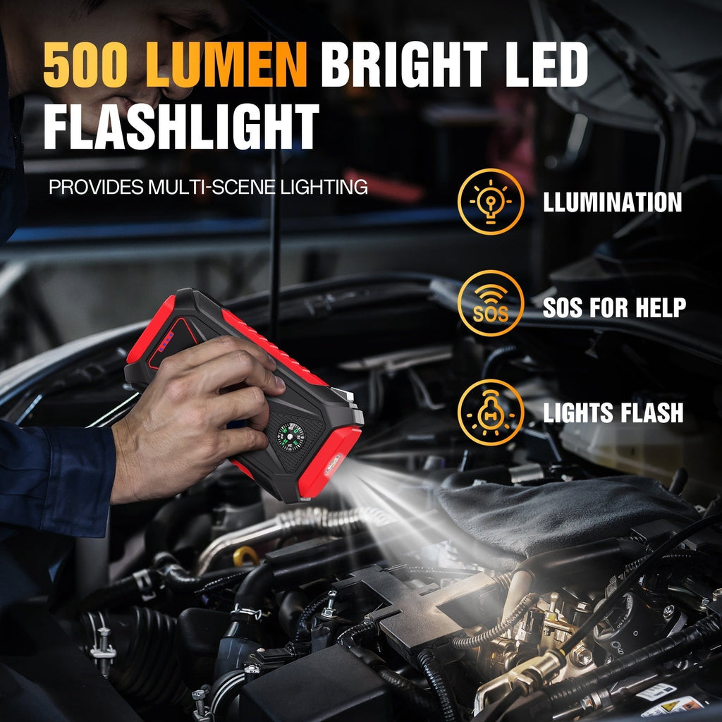 5000A Peak Jump Starter, 12V Portable Car Battery Starter for Gas & Diesel Engines – LED Flashlight, SOS Light, Safety Hammer, Compass & USB Power Bank, 74Wh Lithium Battery