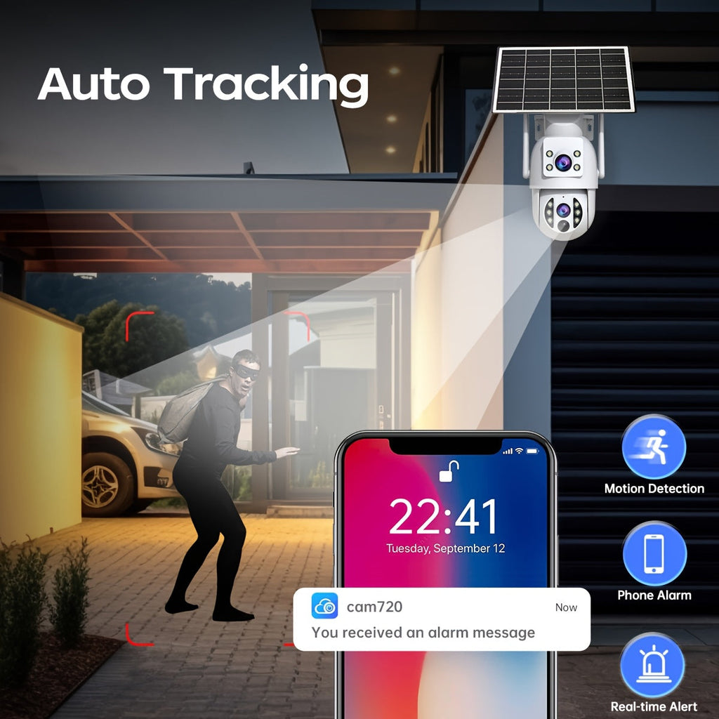Solar Security Camera Outdoor 360° PTZ 1296P HD Dual Lens Color Night Vision Two-Way Audio Motion Detection WiFi SD Storage Rechargeable Battery Wall Mount