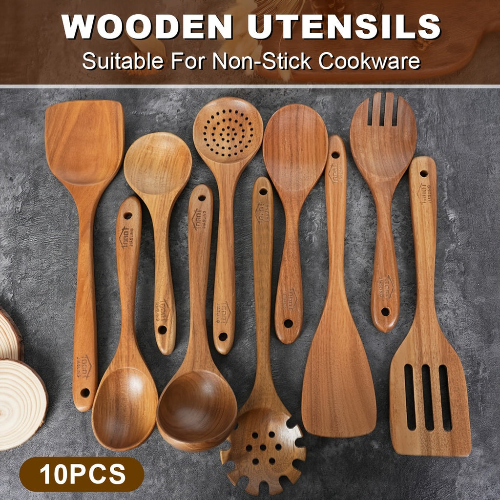10-Piece Natural Teak Wooden Kitchen Utensils Set - Cooking Spoons, Spatulas & Turner, Non-Stick Safe, Heat Resistant, Eco-Friendly Wood Cookware Tools for Home Kitchen