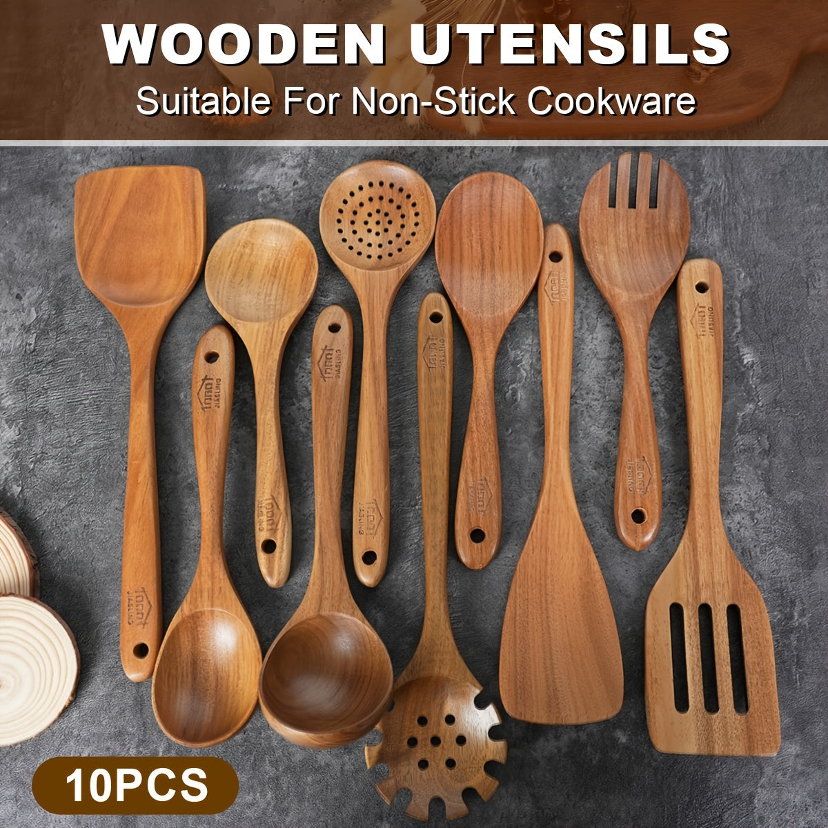 10-Piece Natural Teak Wooden Kitchen Utensils Set - Cooking Spoons, Spatulas & Turner, Non-Stick Safe, Heat Resistant, Eco-Friendly Wood Cookware Tools for Home Kitchen