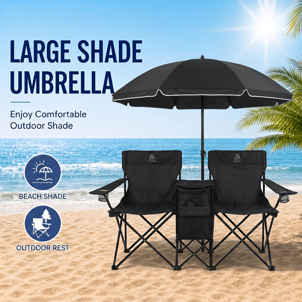2-Person Folding Camping Chairs with Removable Umbrella – Portable Outdoor Chairs with Insulated Pocket Dual Cup Holders & Storage Pouch for Camping Picnic Beach Fishing Patio in Black & Red