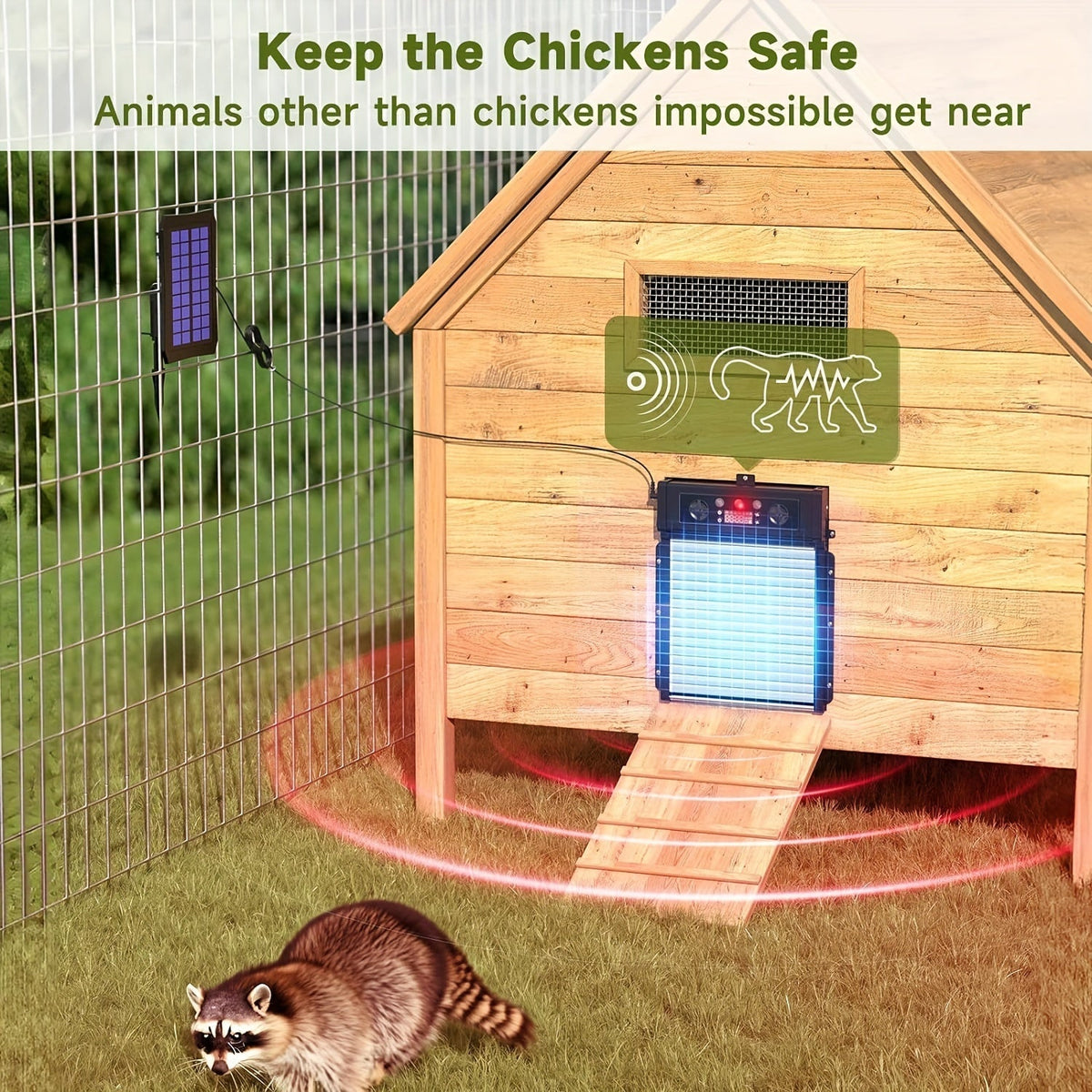 Automatic Chicken Coop Door, Solar Powered with Timer & Light Sensor – Aluminum Alloy Anti-Pinch Design, featuring a 4000mAh Battery, Solar Panel, and Remote Control for Poultry Management