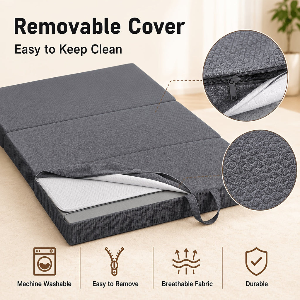 Tri-Fold Memory Foam Mattress 3/4/6 Inch with Washable Cover - Portable Folding Floor Guest Bed for Camping, RV, Travel, Road Trips, and Small Spaces