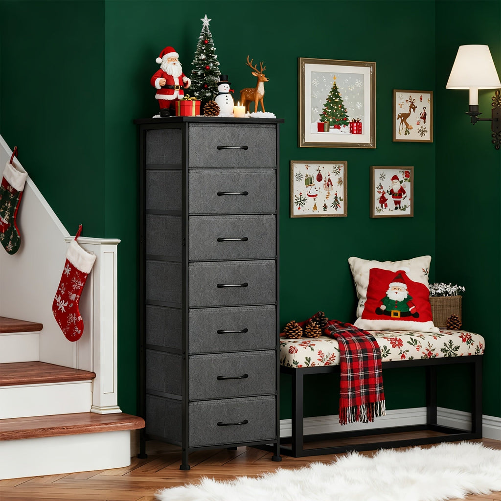 WHONLINE Tall Dresser 6 or 7 Drawer Bedroom Storage Organizer Vertical Chest of Drawers Sturdy Steel Frame Nightstand for Closet & Dorm – Gray Brown Black White