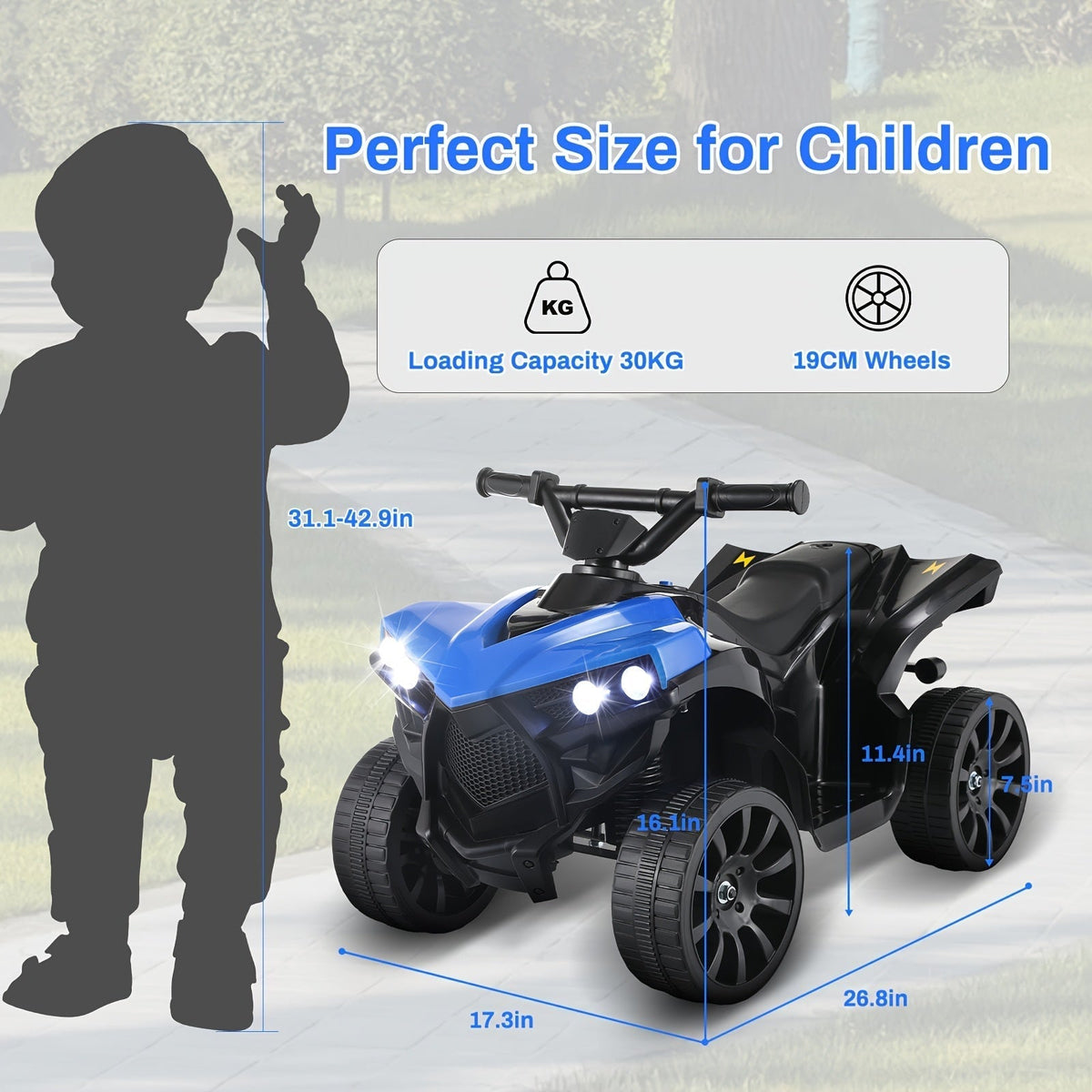 Kids Electric Quad ATV Ride-On Car with Headlights, Pedal Accelerator, All-Terrain Anti-Slip Tires, 55 lbs Capacity, 1.86 MPH Ride-On Toy for Boys and Girls Ages 3-6, Birthday/Christmas Gift, Blue/Black/Pink/Red
