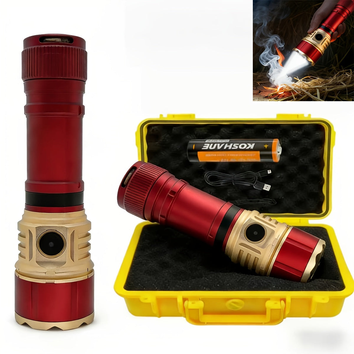Tactical Flashlight with Fresnel Fire Starter – 4500 Lumens, Aluminum Alloy, 1000m Beam, Rechargeable 21700 3000mAh Battery, Portable Compact High Brightness for Camping, Survival & Emergency