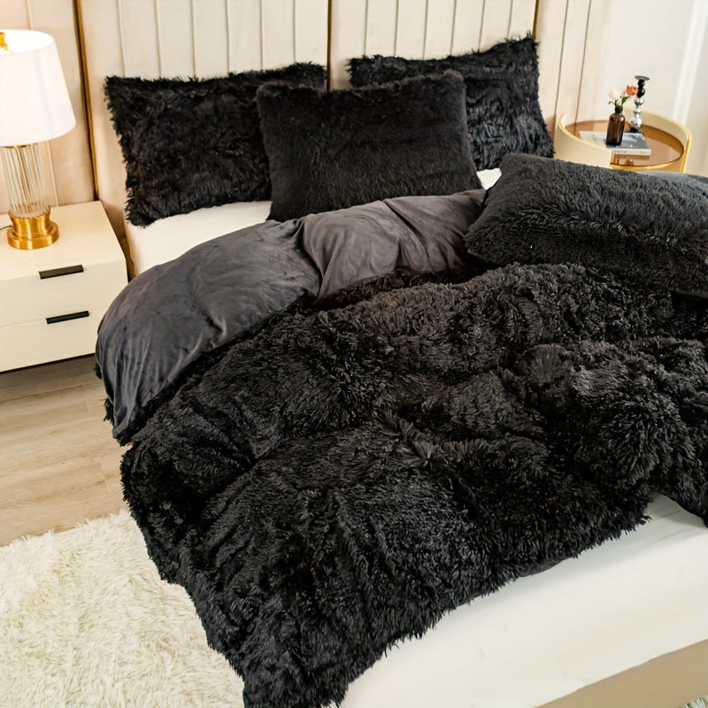 Plush Duvet Cover Set 3 Piece, Long Hair Knitted Polyester, Solid Color Fuzzy Comforter Cover with Zipper Closure, All-Season Soft Cozy Bedding Set for Bedroom, Multiple Colors Available