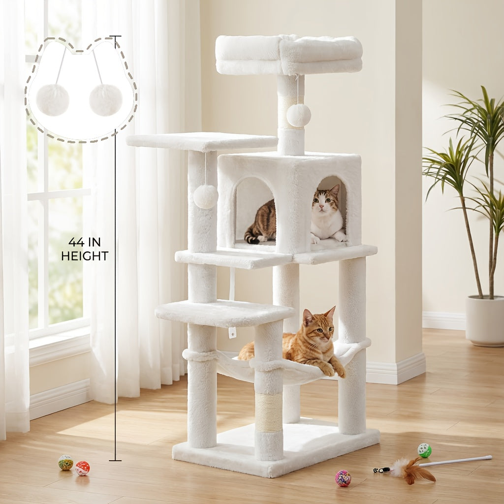 Multi-Level Cat Tree Tower 44-66 Inch with Hammock, Sisal Scratching Posts, Cozy Cave, Perches, and Anti-Tilt Stable Base for Multi-Cat Families, Kittens, and Cats