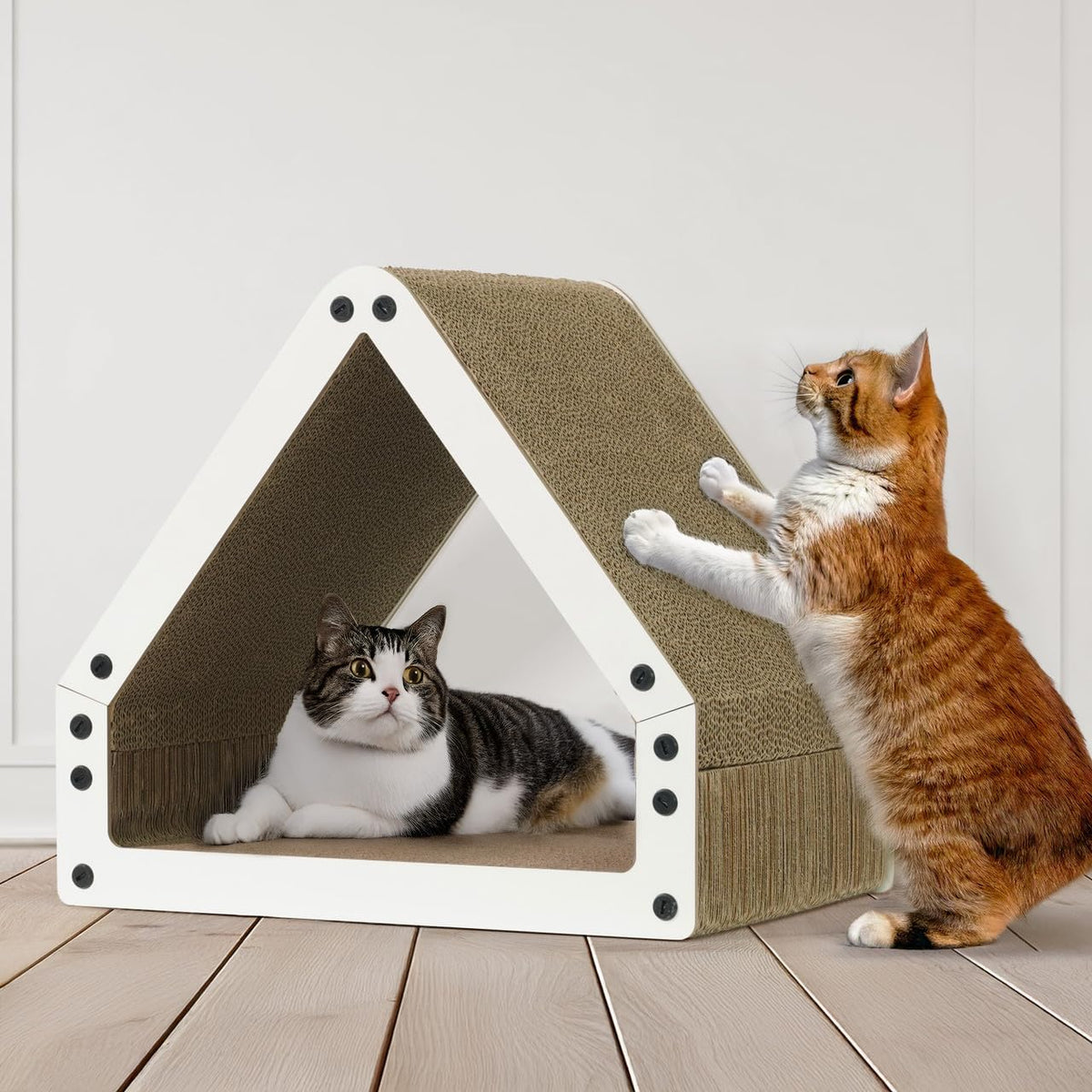 Large House-Shaped Cat Scratcher Lounger – Reversible 5-Layer Cardboard Cat Scratching Pad & Board, 16x14x12 Inches, Protects Furniture, for Indoor Cats of All Sizes, Brown/White