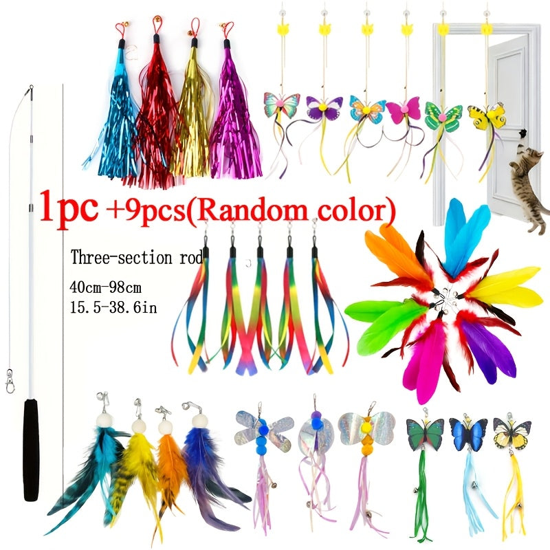 Telescopic Feather Cat Wand Toy with Interchangeable Heads - Artificial Feather Interactive Cat Toy, 3 or 4-Section Extendable Pole with 3/6/9 Random Replacement Heads, No Battery Required