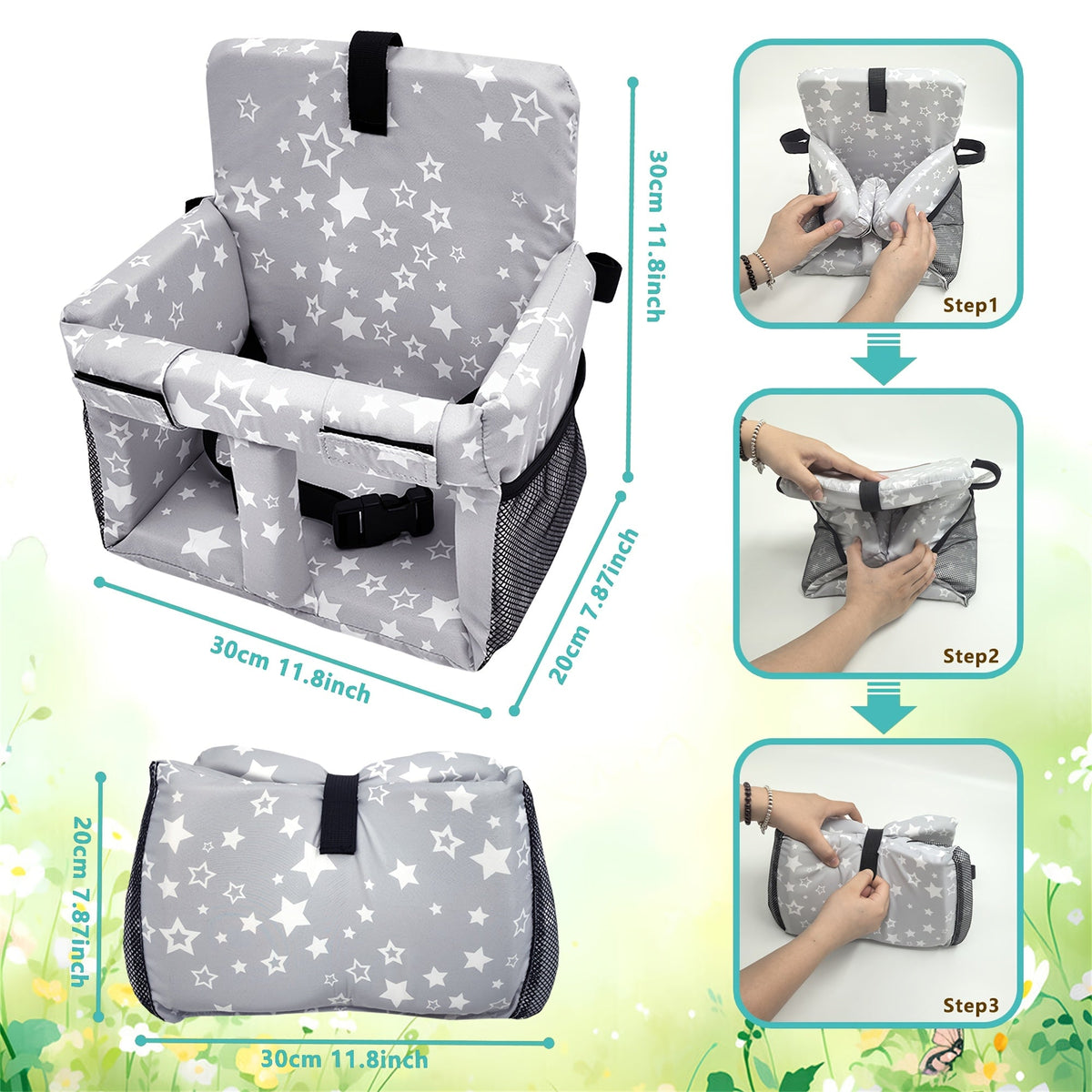 Multi-Purpose Baby Stroller & High Chair Cushion, Soft Comfortable Seat Pad for Children Up to 15kg / 33lb, 3 Styles Including Cloud Grey Rainbow & Star Gray