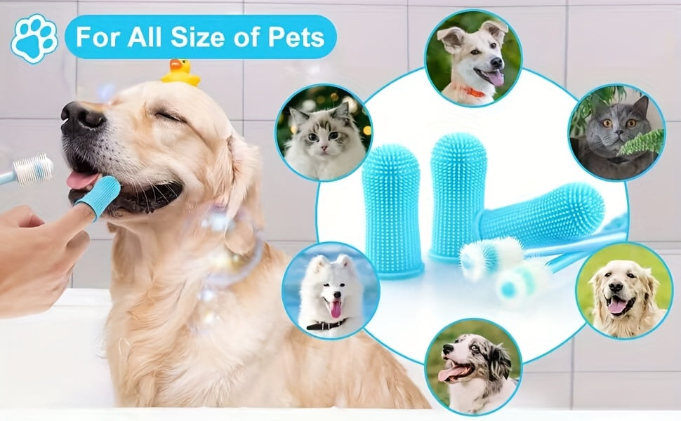 3-Piece Pet Dental Care Silicone Toothbrush Set, 360° Finger Brush & Micro-Ciliated Brush for Dogs & Cats, Soft, Gentle, No Battery Required
