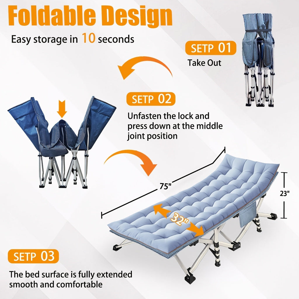 XXL 32-Inch Wide Camping Cot with Mattress – 1200D Oxford Heavy-Duty Folding Sleeping Cot with Carry Bag for Adults, Extra Wide Portable Outdoor Bed for Camping, Hiking, Travel & Guest Use