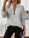 Women's Zip-Up Ribbed Knit Sweatshirt – Solid Color Casual Fall/Winter Pullover, Soft Breathable Fabric, Round Neck, Sizes S-XXL, 7 Colors