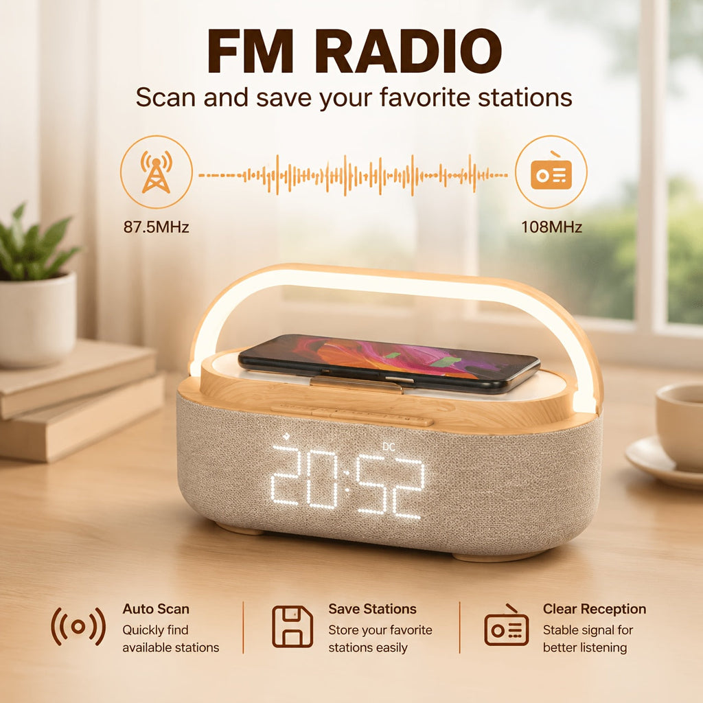 Wireless Charging Alarm Clock Radio with Bluetooth Speaker FM Radio & LED Night Light for Bedroom – Wood Finish