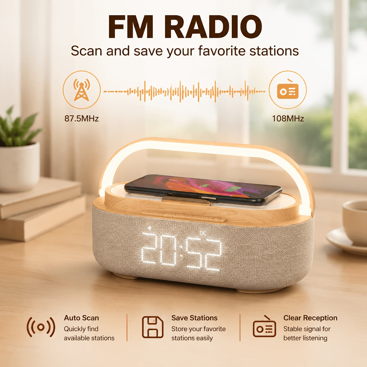 Wireless Charging Alarm Clock Radio with Bluetooth Speaker FM Radio & LED Night Light for Bedroom – Wood Finish