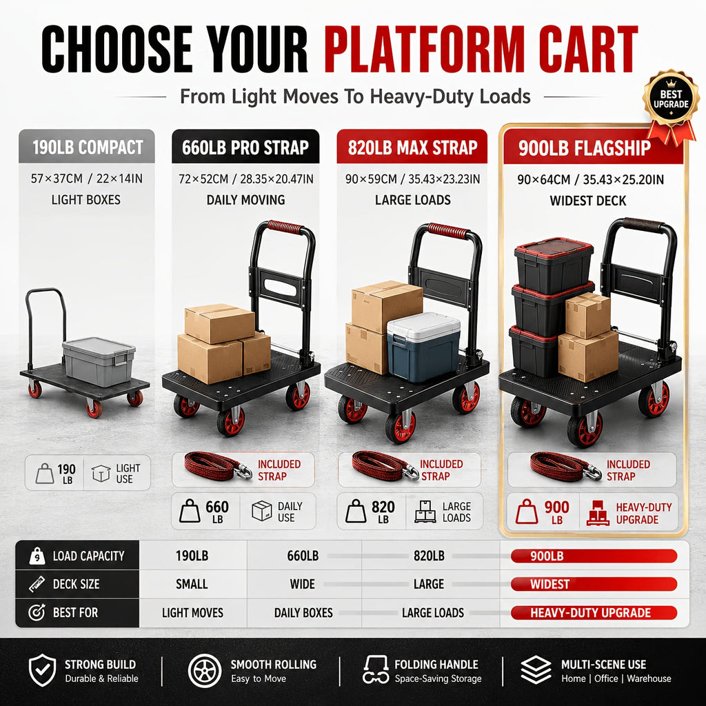 Heavy Duty Folding Platform Cart & Hand Truck with Strap - 190lb to 900lb Capacity Options, Silent Warehouse & Industrial Models for Moving, Warehouse, Garden & Holiday Use