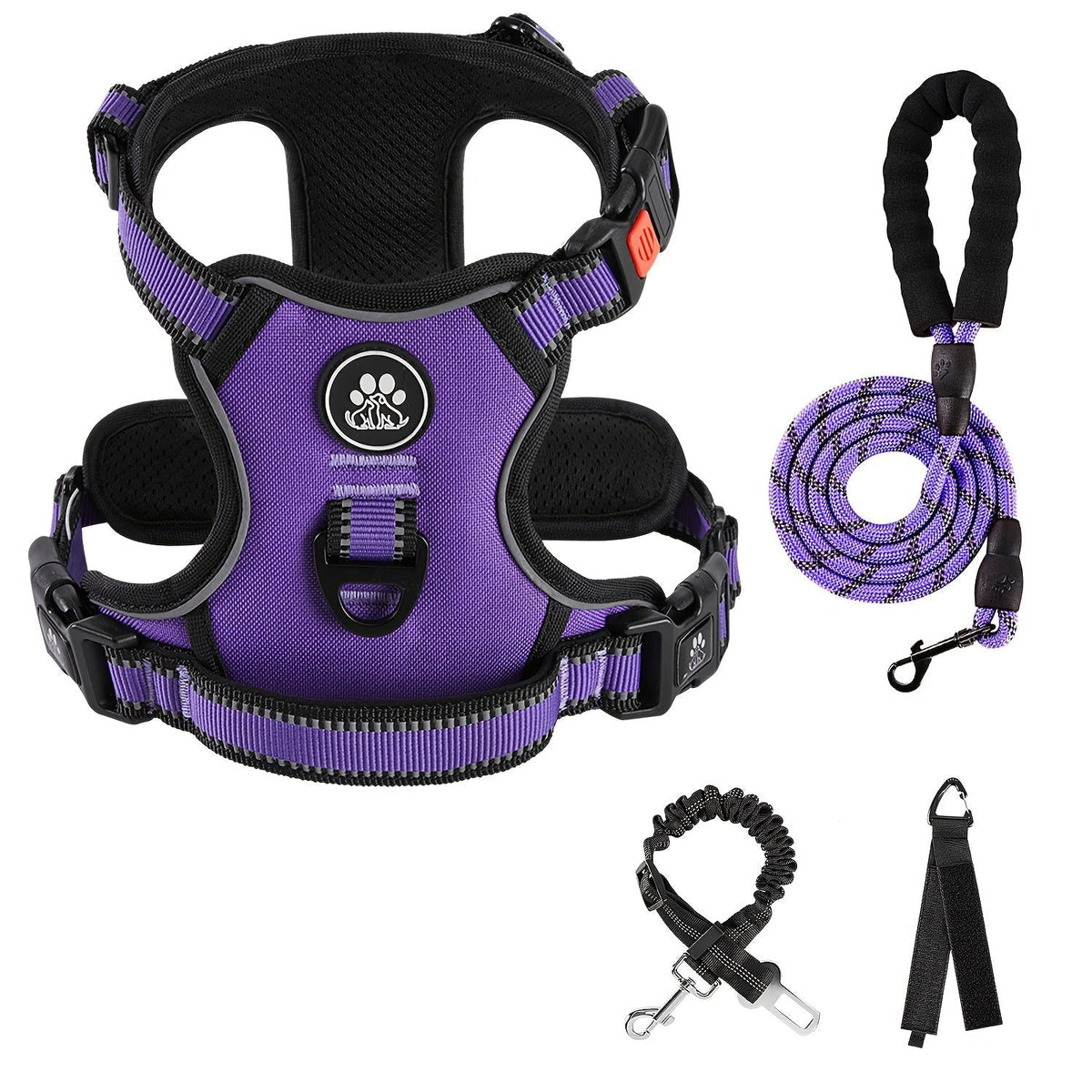 No-Pull Dog Harness Set with Retractable Leash, Seatbelt, and Collar – Fully Reflective, Adjustable, Breathable Vest Harness with Handle for Small & Large Dogs (XS–XL)