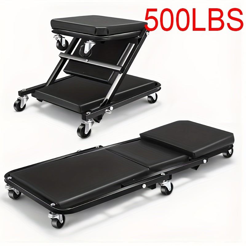 Foldable 2-in-1 Mechanic Creeper & Rolling Seat 300LB | 36-Inch Z-Crawler with 6 Swivel Casters, Adjustable Headrest, Folding Car Repair Creeper for Garage Workshop – Black & Red