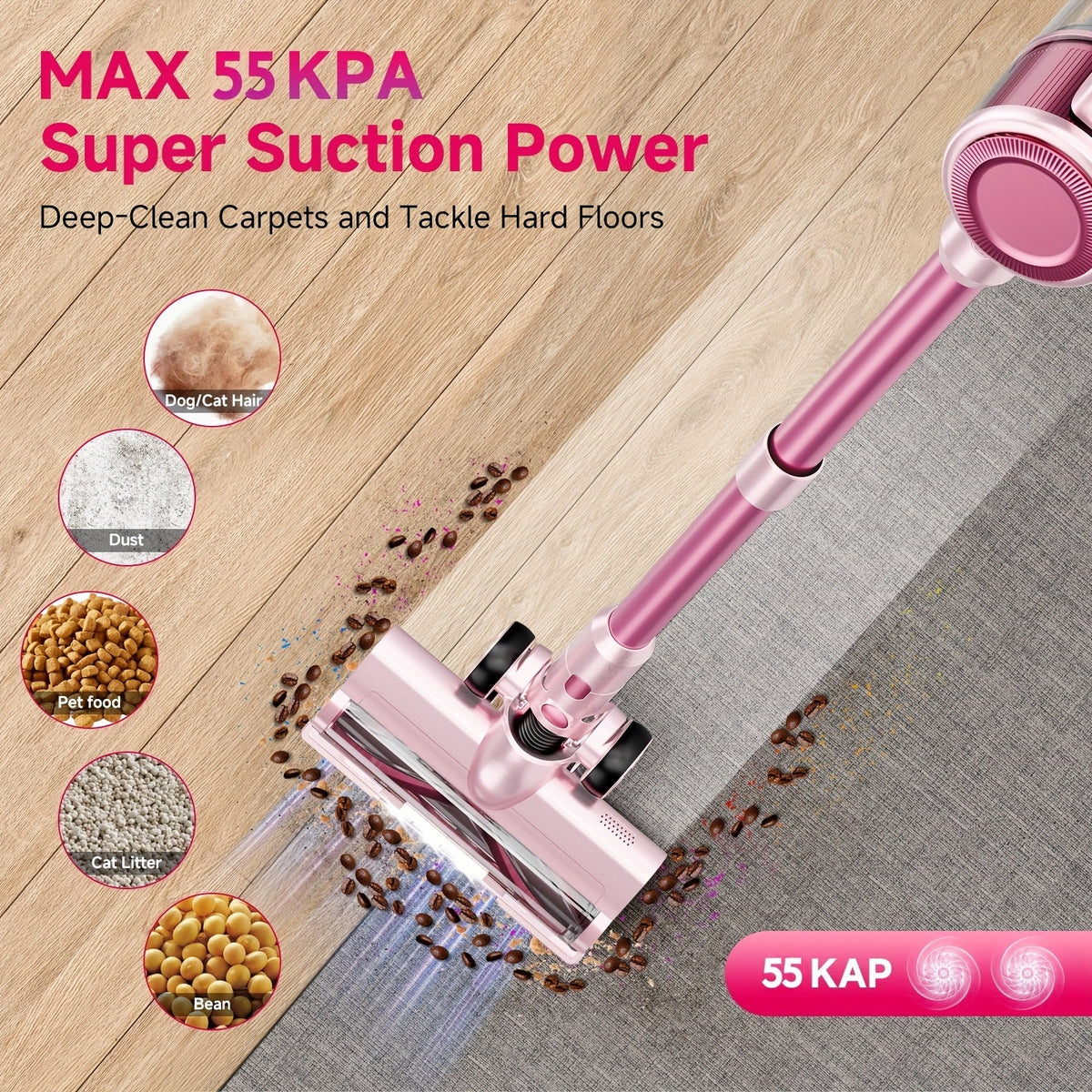 55KPa Cordless Stick Vacuum Cleaner 8-in-1 – Lightweight Powerful Handheld Vacuum with LED Light for Hardwood Carpet Floor Pet Hair Home Car
