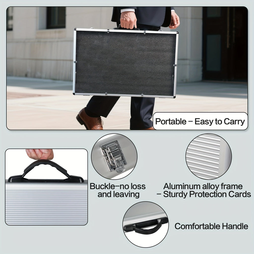 Aluminum Trading Card Display Case, Lockable Portable Collector Showcase Box with Carry Handle for Pokemon MTG Sports Cards Pins Jewelry Photos Collectibles, Silver Black