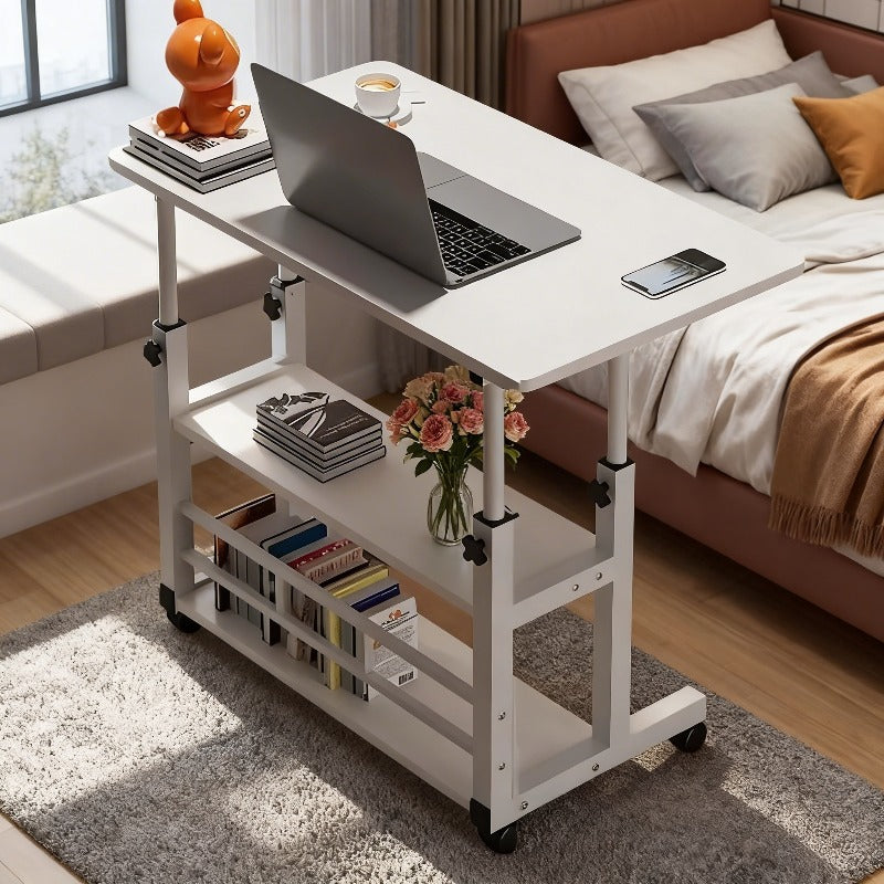 Rolling Bedside Desk, Height Adjustable 23-35 Inches, with Storage Shelf and Omnidirectional Wheels, for Home, Bedroom, Office Laptop Table