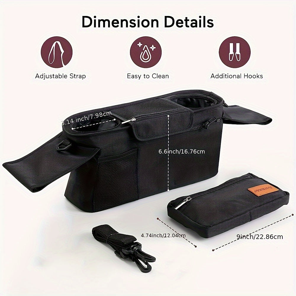 Universal Stroller Organizer with Insulated Cup Holder Detachable Phone Pouch Shoulder Strap Plaid Pattern – Fits UPPAbaby Britax BOB Umbrella Pet Strollers Black