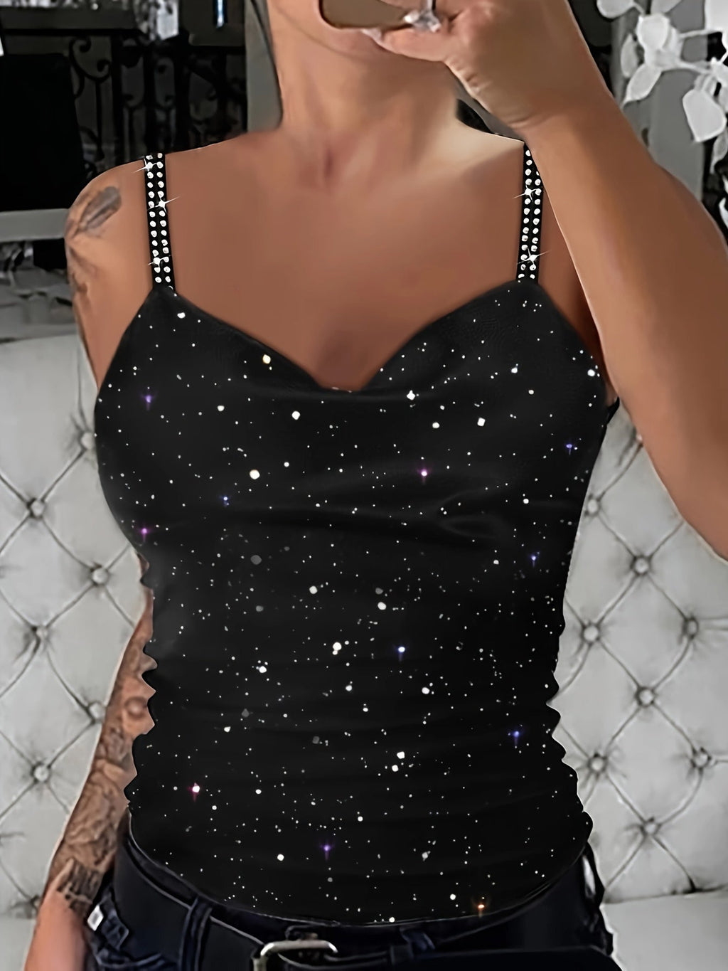 Women's Sequin Rhinestone Strap Cami Top Sexy V-Neck Sleeveless Tank Top Glam Party Night Out Tops Spring Summer Fall S M L XL XXL