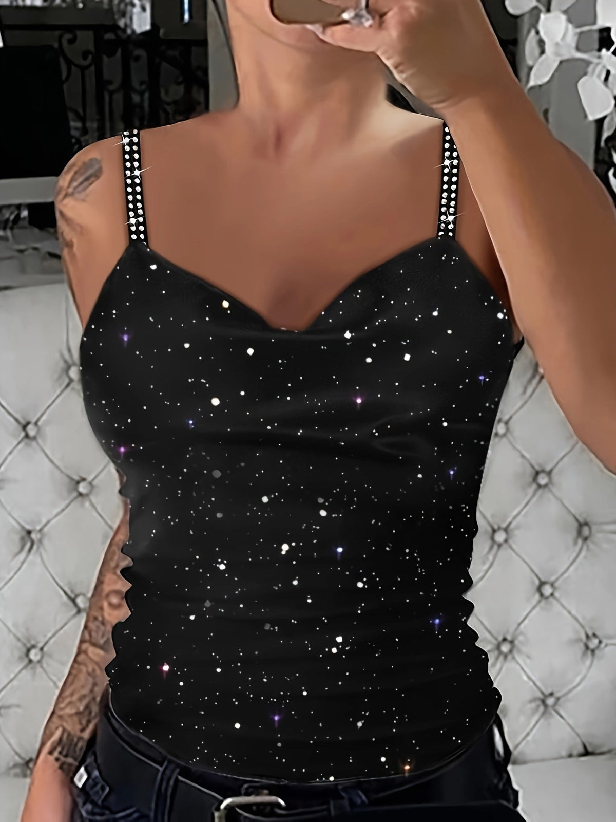 Women's Sequin Rhinestone Strap Cami Top Sexy V-Neck Sleeveless Tank Top Glam Party Night Out Tops Spring Summer Fall S M L XL XXL
